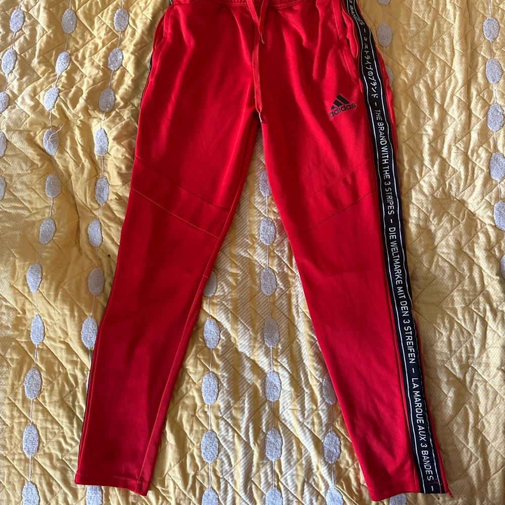 Adidas Red Track Pants with Black Side Stripe